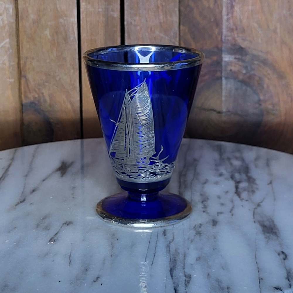 Old Cobalt Silver Embroidered Glass
